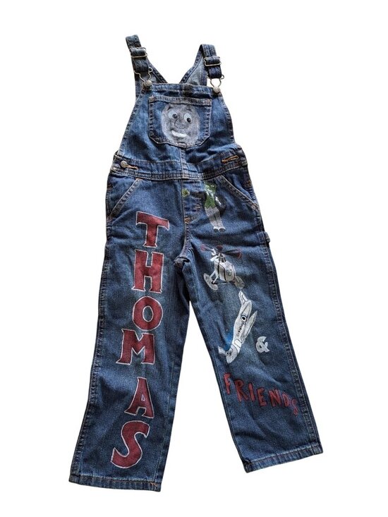 Wrangler Other - Vtg Hand Painted Thomas Friends Train Denim Bib Overalls  Adjustable Pockets 5T
